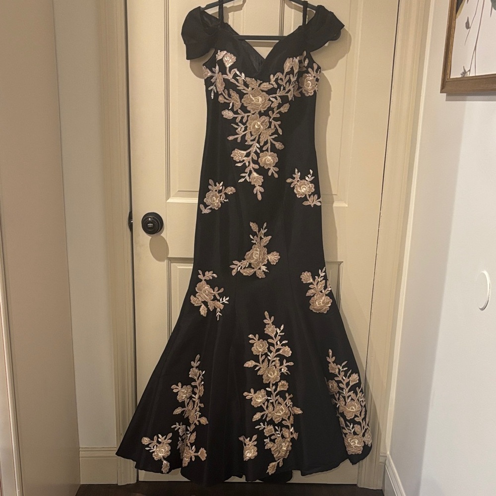 Jovani Black Gown with gold & cream Floral Embroidery